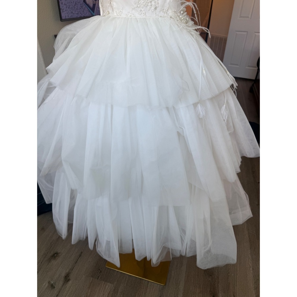 Vintage Tulle Beaded Tiered Ruffle A-Line Tea Length Wedding Dress Size 16 Bow - Picture 3 of 12